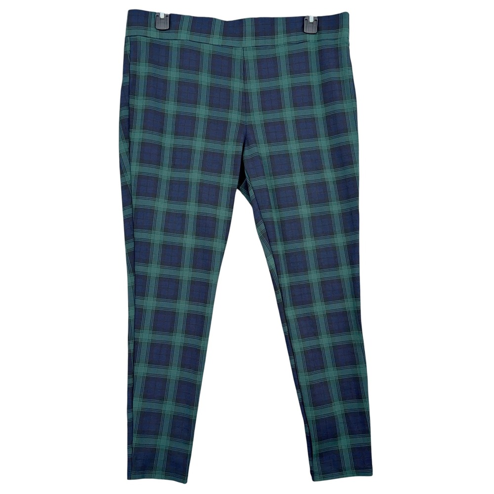 LOFT Plaid Trousers Women XL Rayon Nylon Spandex Green Navy Blue